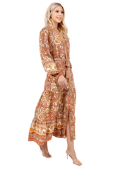 Brown and orange floral print long sleeve dress