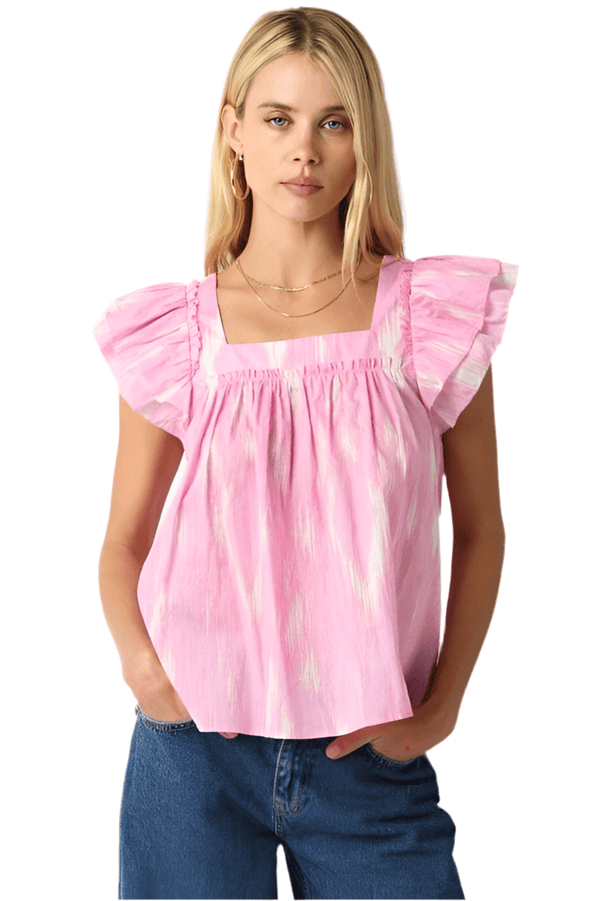 Pink and white flutter sleeve top