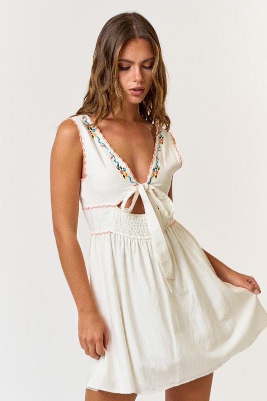 Off white scallop edge embroidered dress with tie back