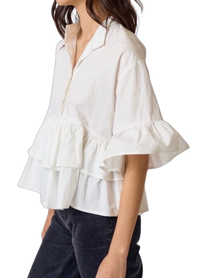 Off white ruffled detailed button up shirt
