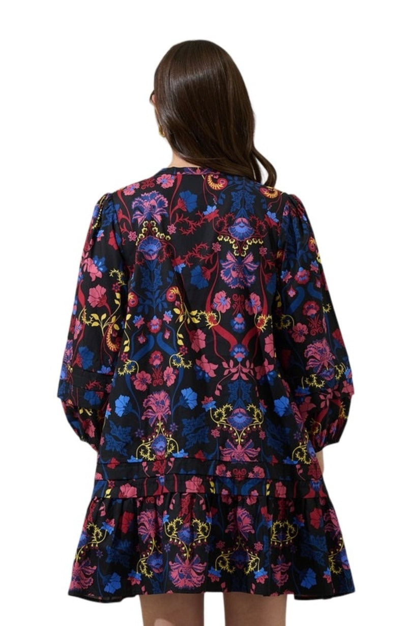 Midnight floral ruffle shirt dress