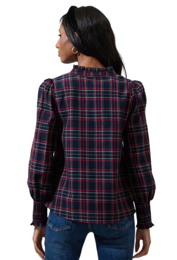 Navy plaid ruffle neck blouse