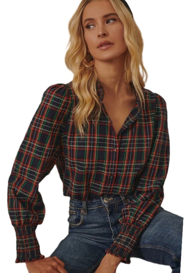 Navy plaid ruffle neck blouse