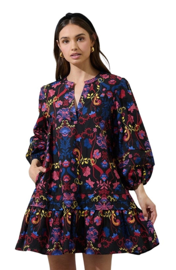 Midnight floral ruffle shirt dress