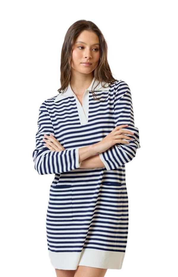 Navy and white striped knit dress