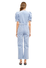 Powder blue corduroy puff sleeve jumpsuit