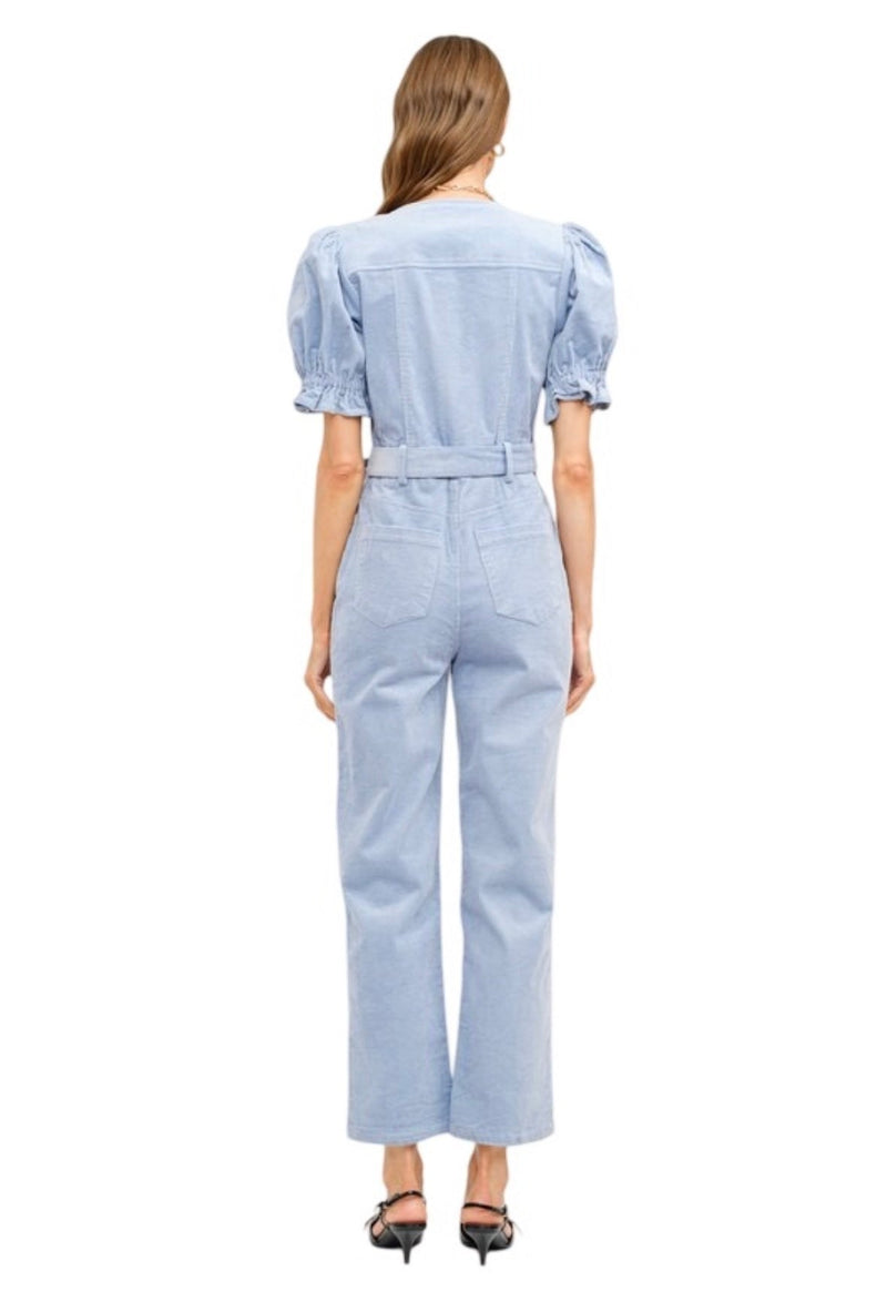 Powder blue corduroy puff sleeve jumpsuit