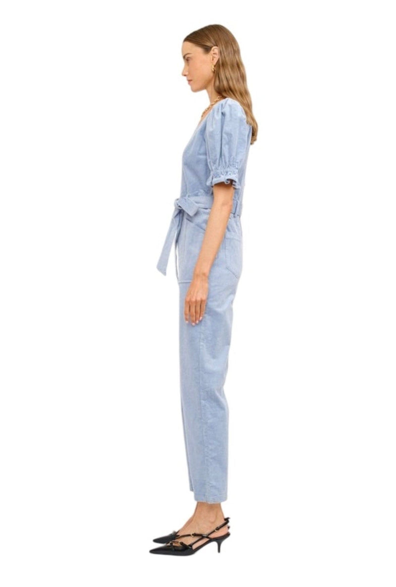 Powder blue corduroy puff sleeve jumpsuit