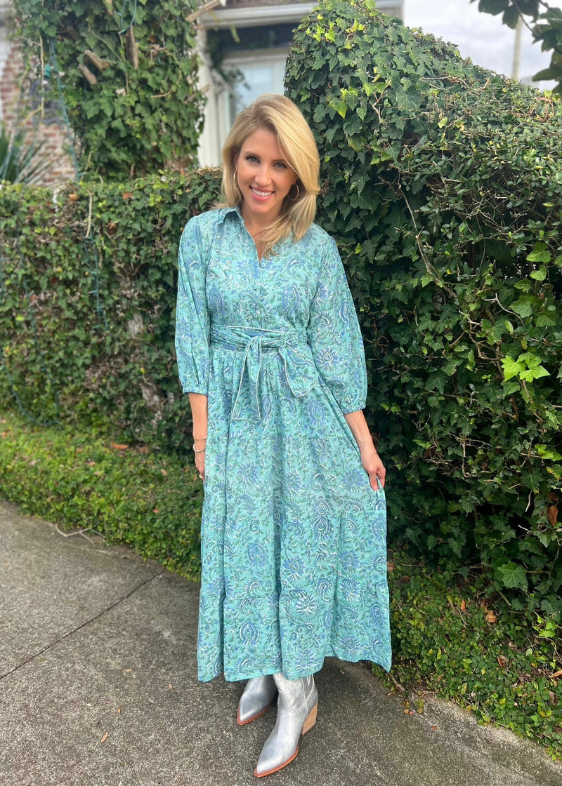 Trunk show turquoise block print long sleeve maxi