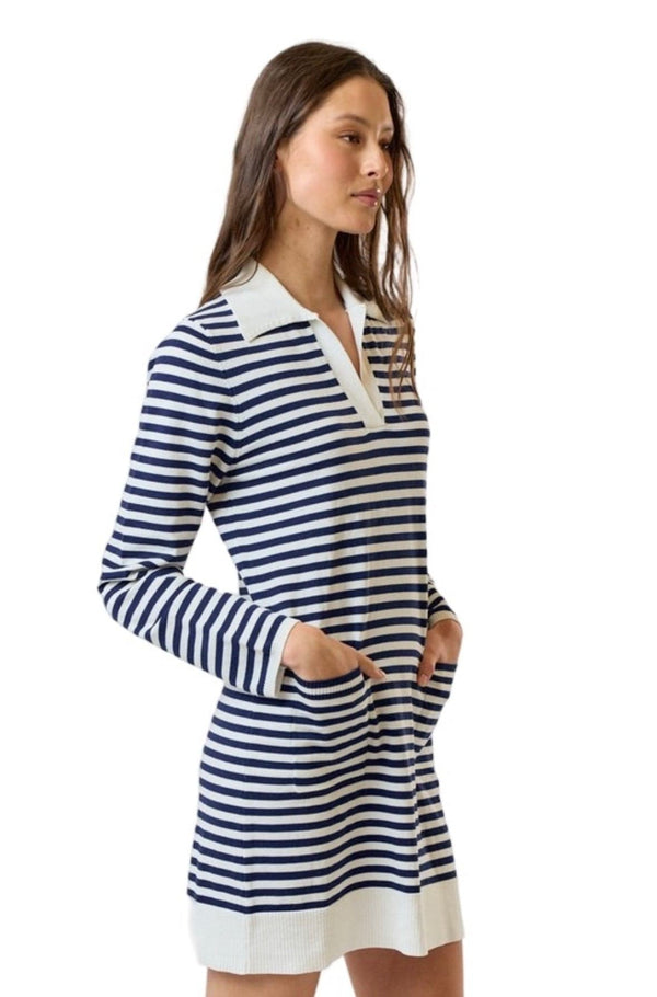 Navy and white striped knit dress