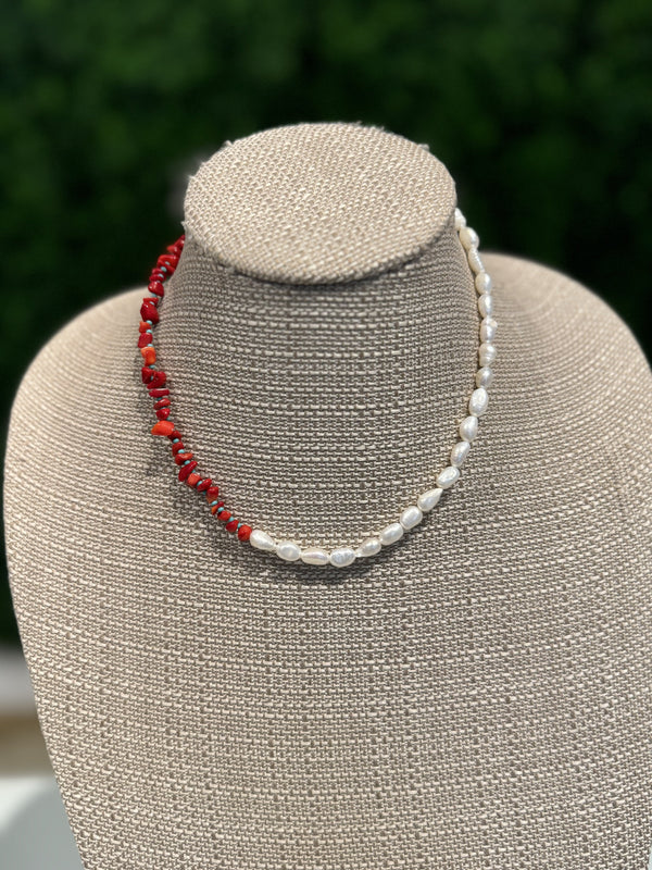 Red rock and freshwater pearl necklace