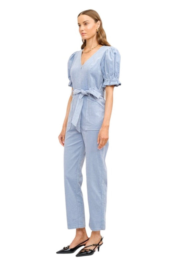 Powder blue corduroy puff sleeve jumpsuit