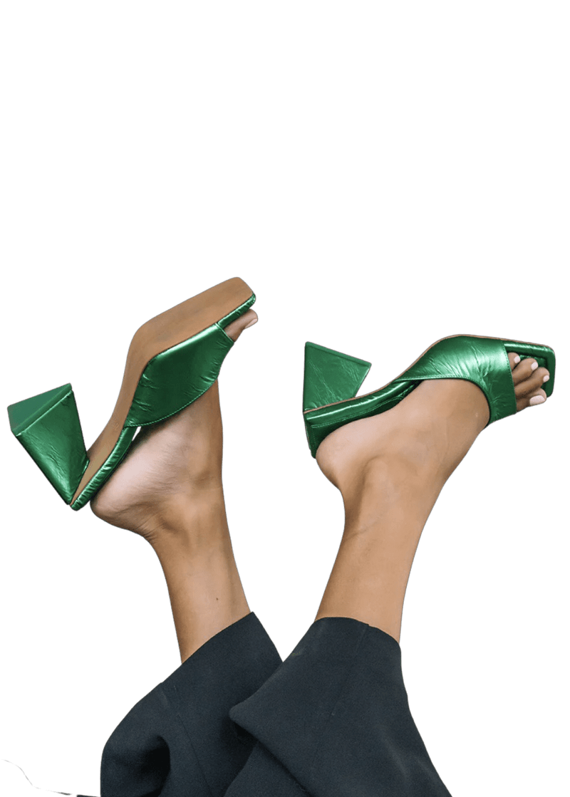 Green metallic block heel