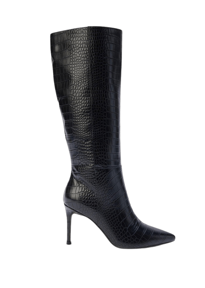 Black faux croc heeled boot