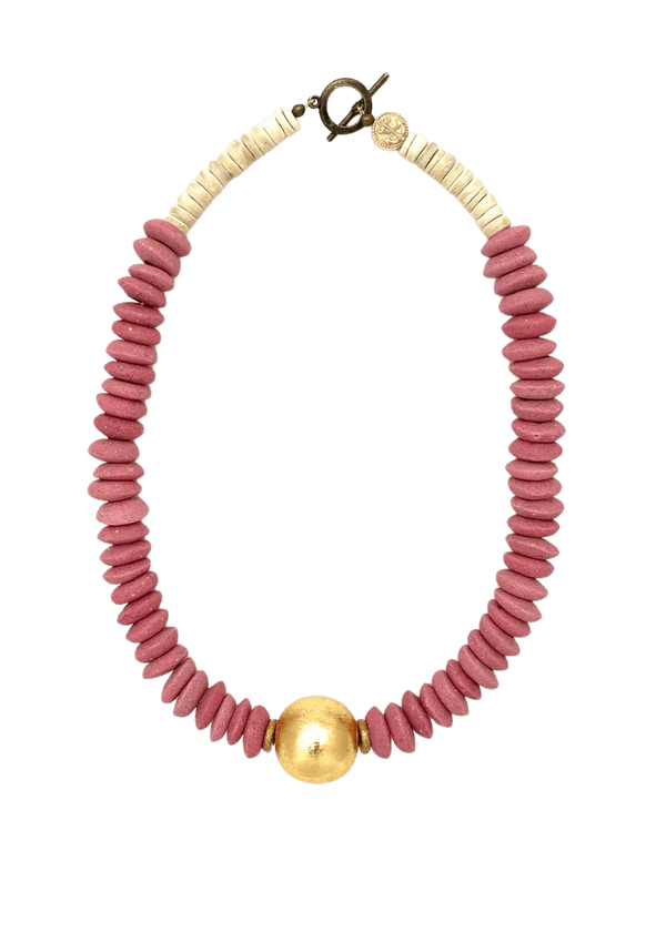 Mauve pink short classic brass ball necklace