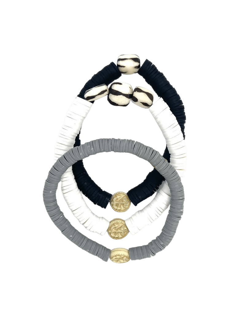 Black grey and white triple bracelet stack