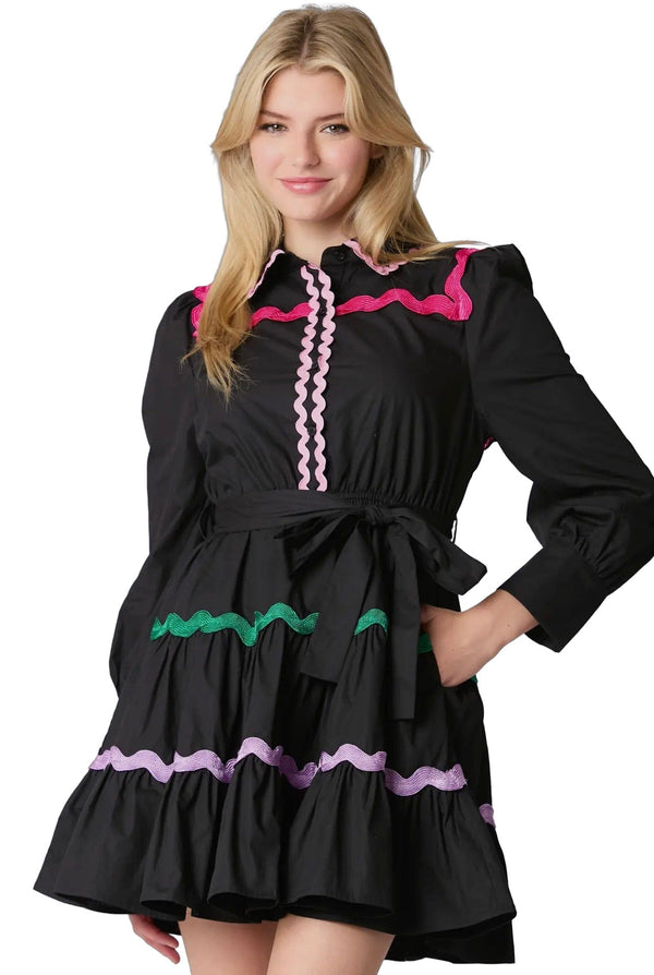 Multi color black ric rac shirt dress