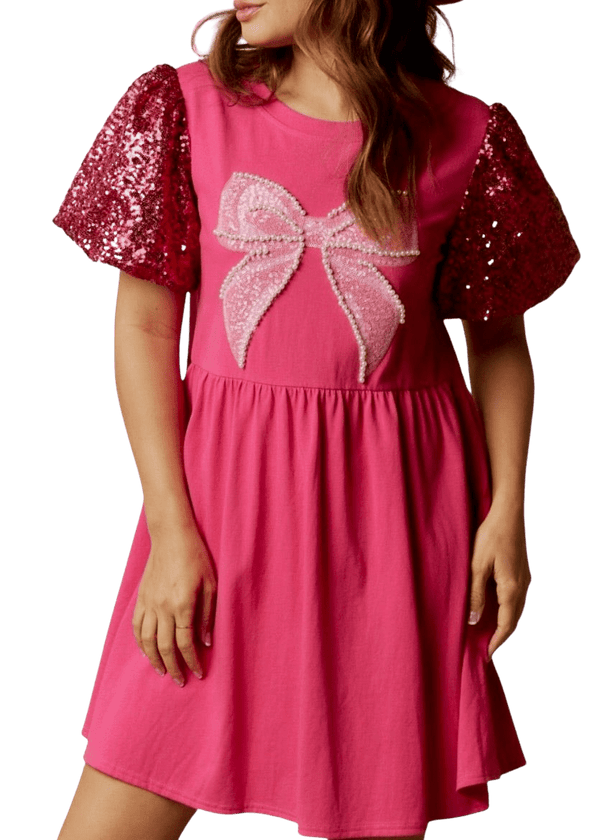 Hot pink pearl and sequin boy patch babydoll dress