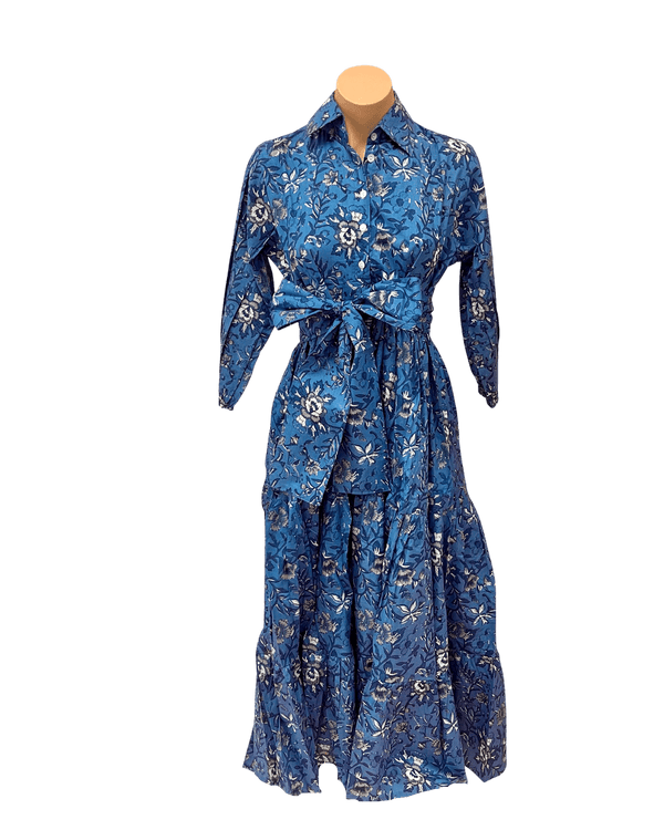 Trunk show bright blue and grey floral long sleeve midi