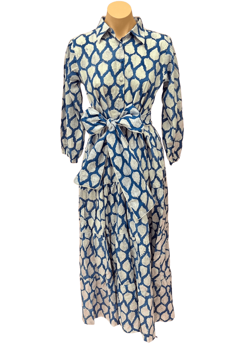 Trunk show blue and white leaf print long sleeve maxi