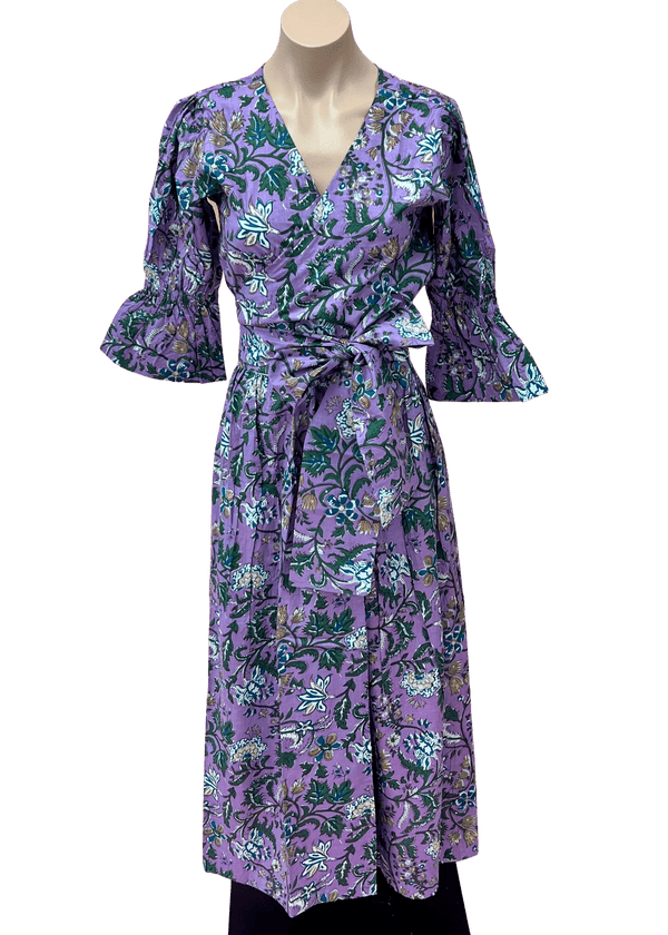 Trunk Show purple and green wrap top and skirt set