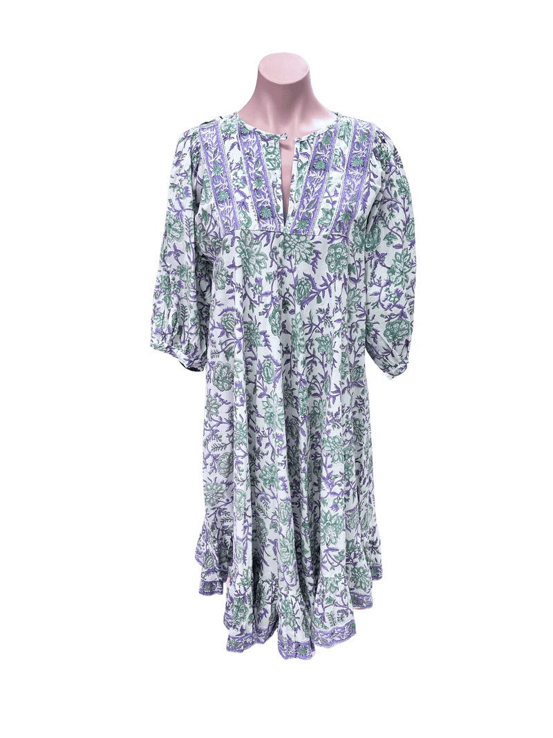 Trunk show purple white & green Lynn midi dress