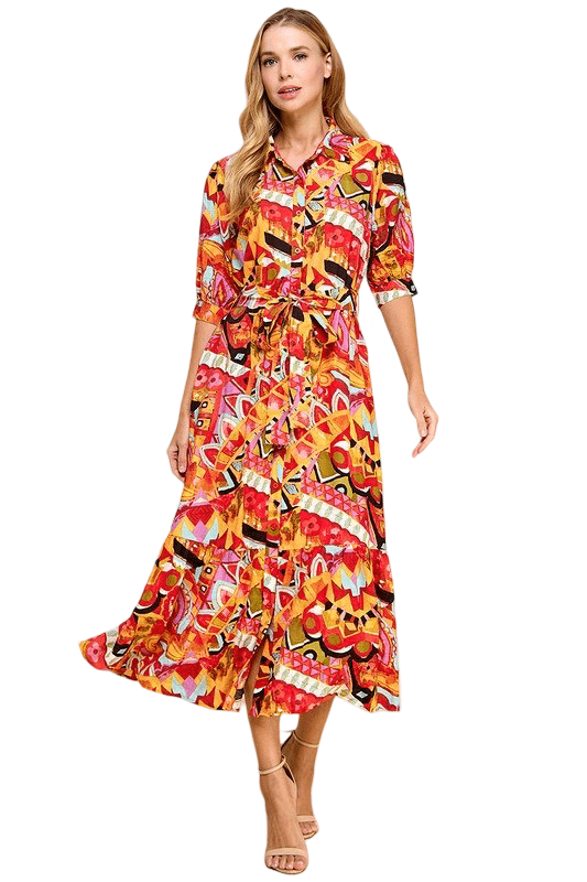 Multi abstract print midi dress