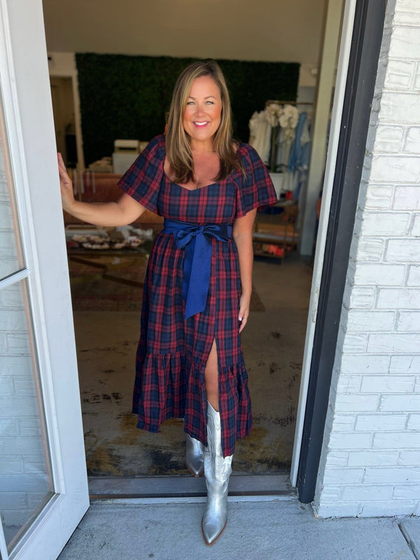 Red tartan plaid detachable waist dress