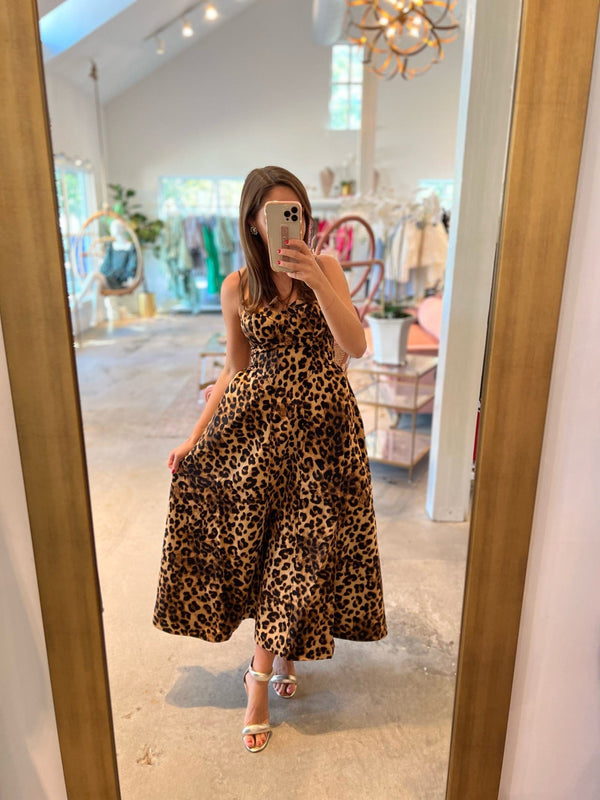 Leopard print spaghetti strap midi dress