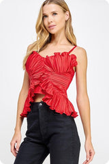 Red satin ruffle top