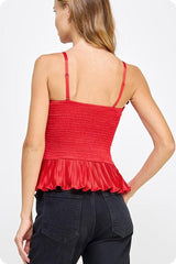 Red satin ruffle top