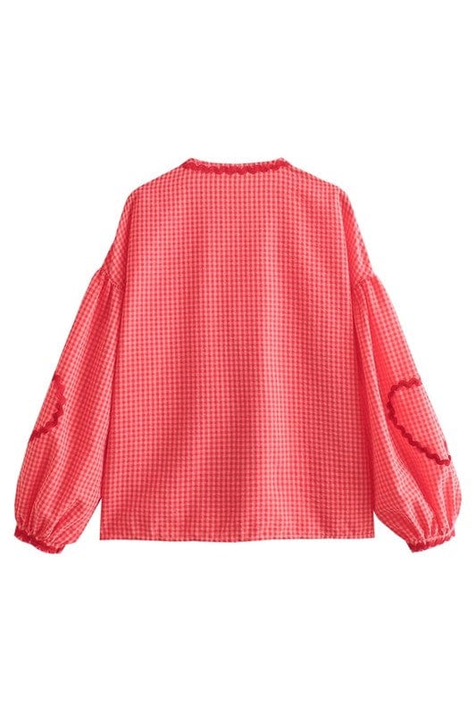 Red textured gingham top with tie front