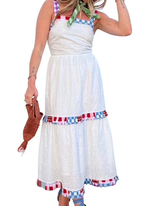 White gingham patchwork midi dress