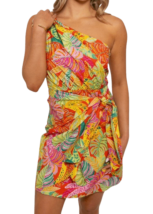 One shoulder tropical banana palm mini dress