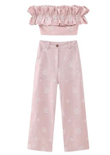 Mauve pink and white ruffle crop top and pant set