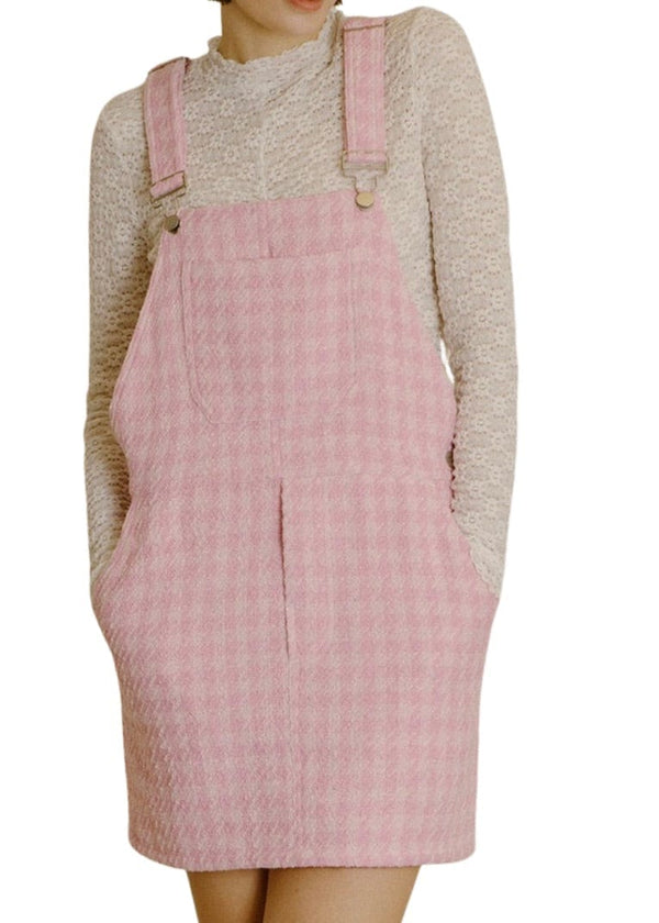 Pink tweed houndstooth overall dress