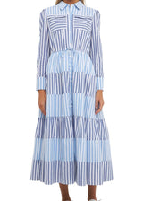 Mixed blue striped long sleeve midi dress