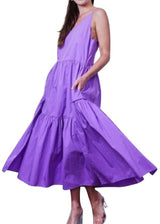 Solid purple cotton tiered midi dress