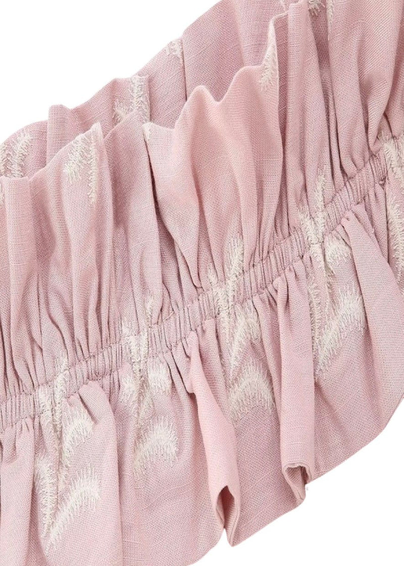 Mauve pink and white ruffle crop top and pant set