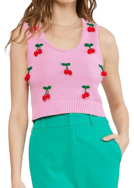 Pink sleeveless cherry sweater top