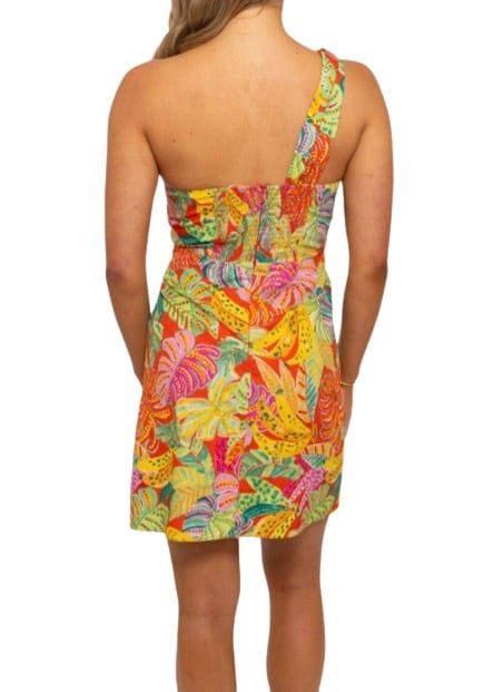 One shoulder tropical banana palm mini dress