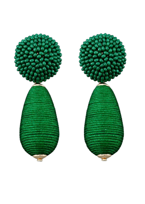 Green seed bead and thread drop earrings