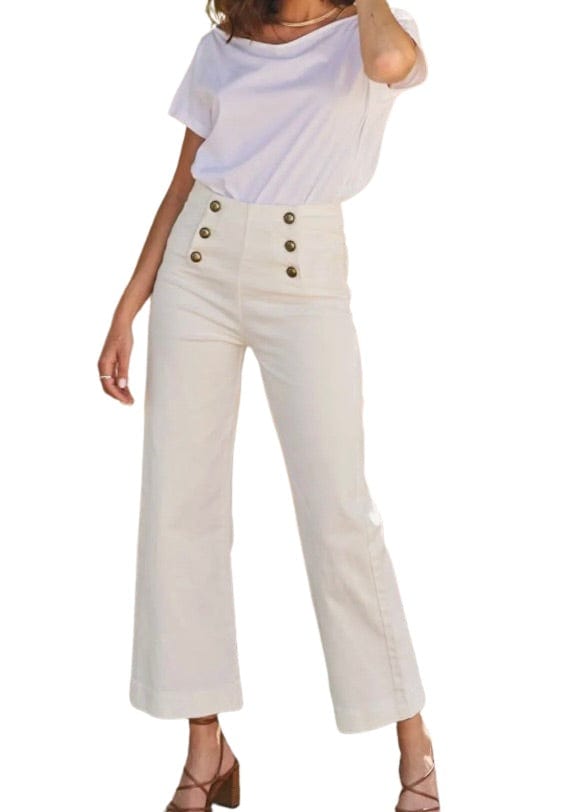 White sailor button cropped wide leg jeans