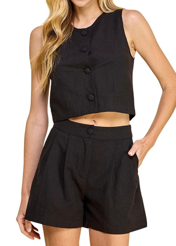 Black front button top and short set