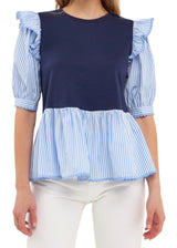 Contrasting navy and light blue stripe top