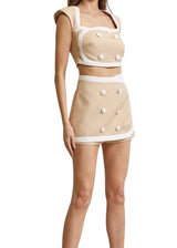 Tan and white front button top and skort set