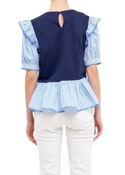 Contrasting navy and light blue stripe top