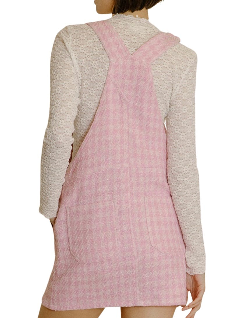 Pink tweed houndstooth overall dress