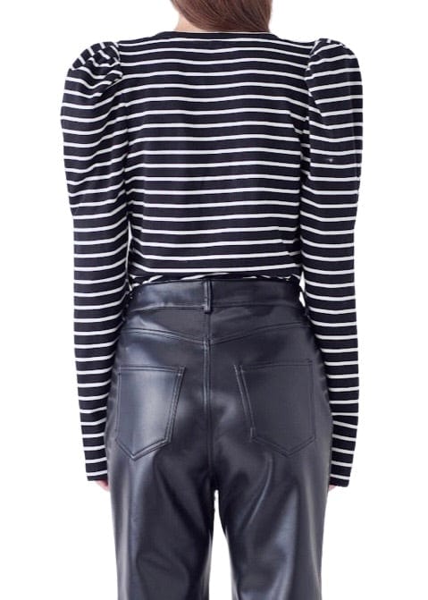 Black and white stripe long puff sleeve top