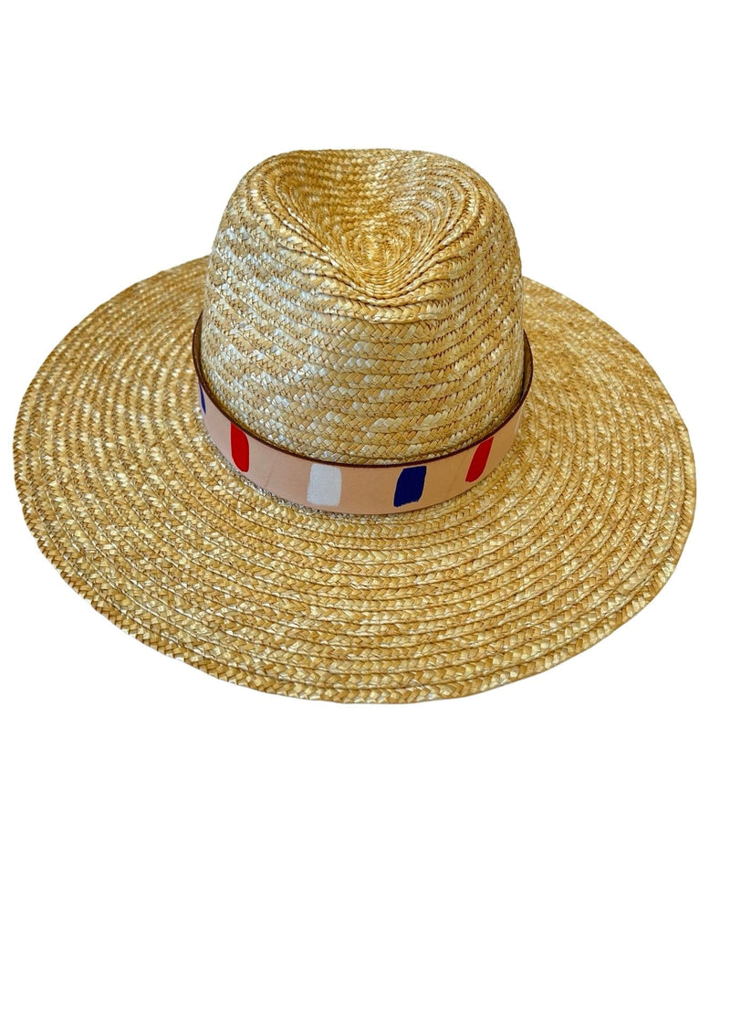 Classic straw hat with red and blue painted leather band
